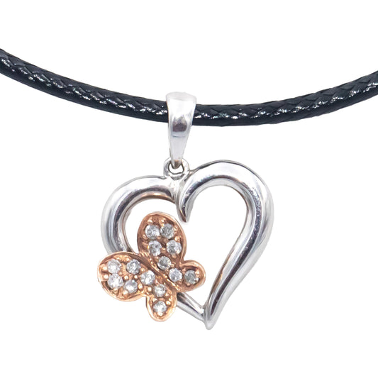 10k White & Yellow Gold Round Cut Diamond Heart Butterfly Pendant Necklace .15CT
