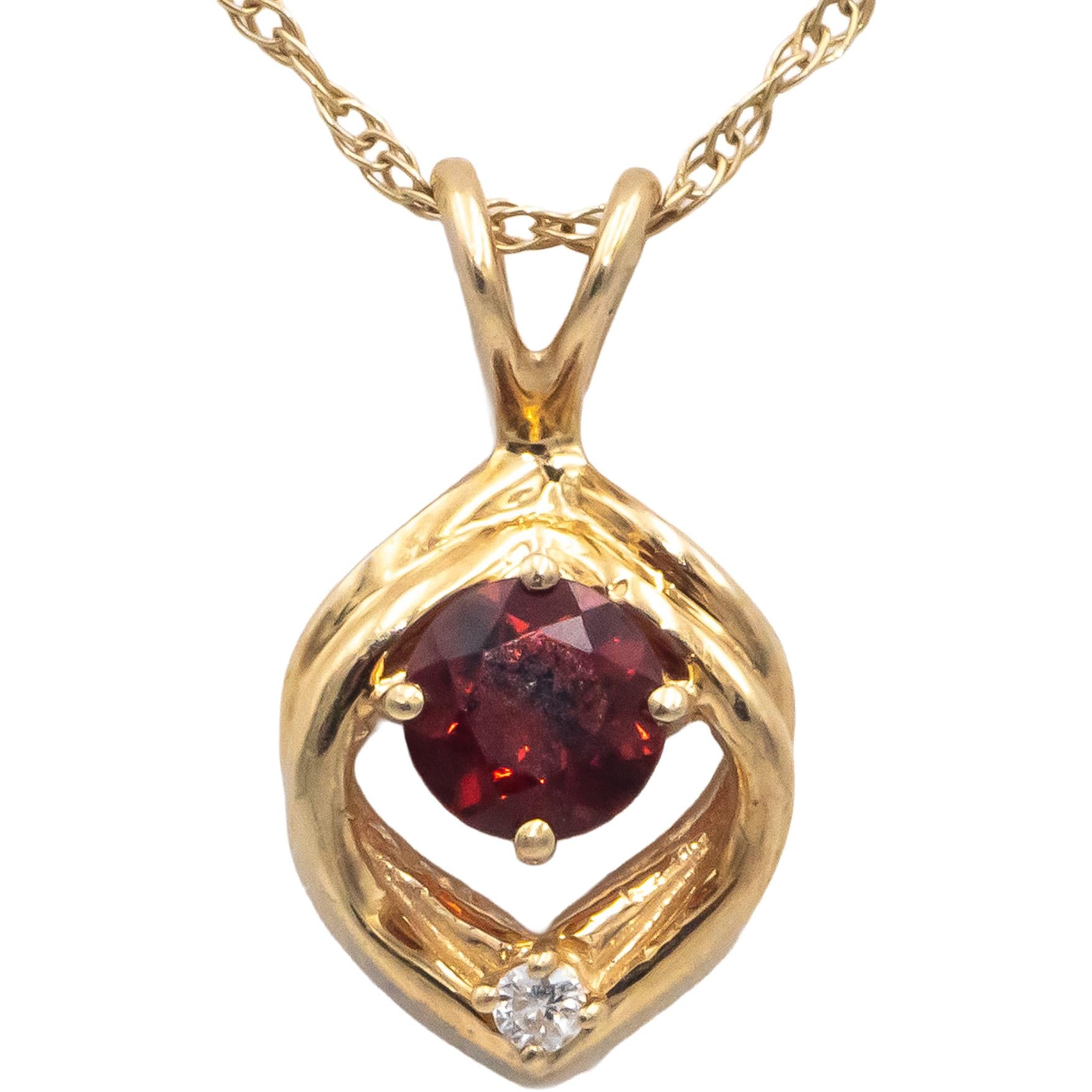 14k Yellow Gold Round Garnet and Diamond Pendant Necklace Chain 0.52CT