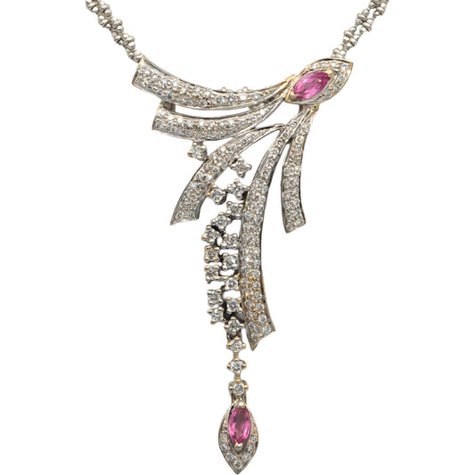 18k White Gold VS Round Diamond & Marquise Pink Sapphire Pendant Necklace 1.11CT