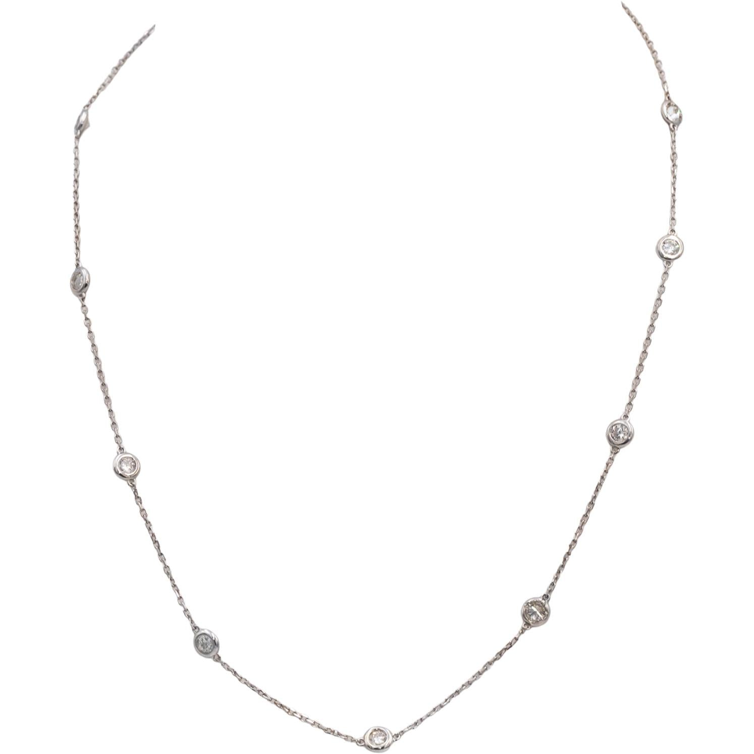 Round Bezel Set Diamond By The Yard Necklace Chain Jewelry 14k White Gold 1.27CT