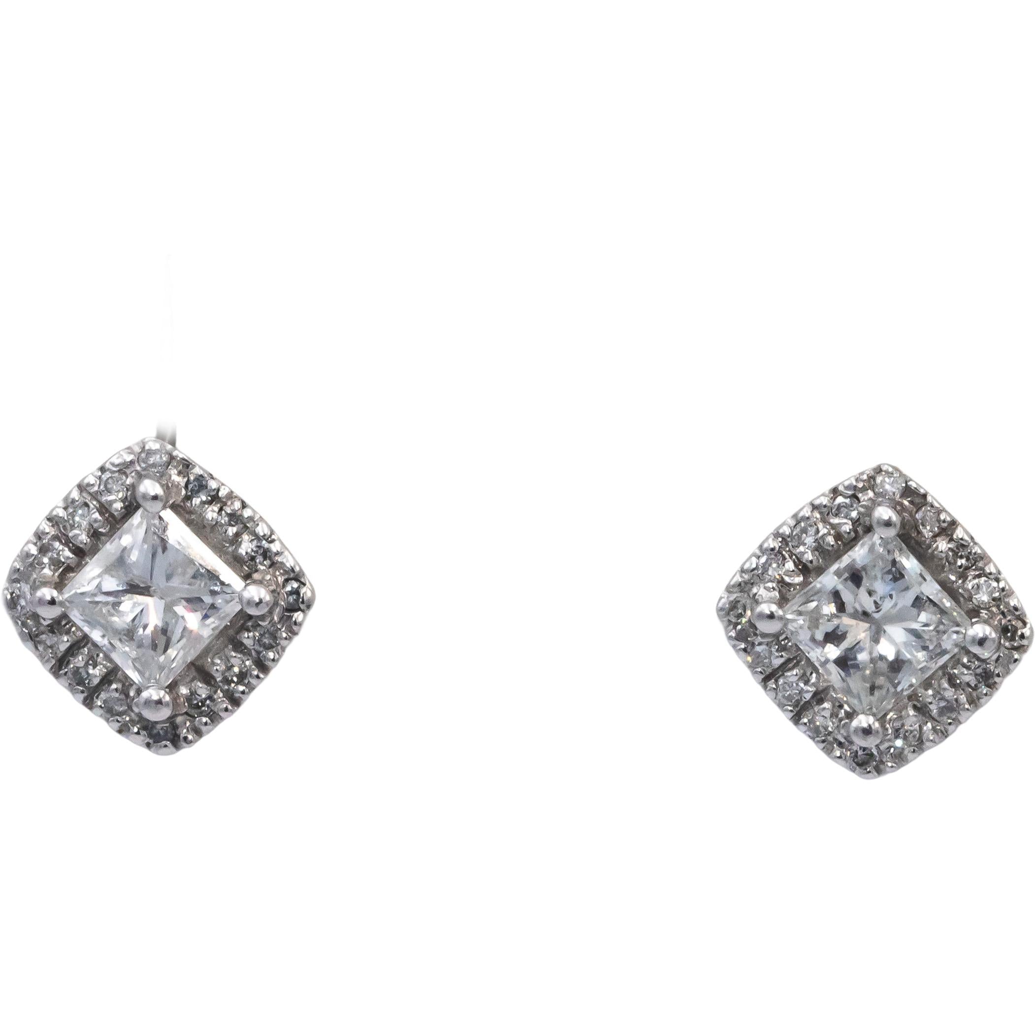 14k White Gold Princess & Round Diamond Stud Earrings 1.74CT w/ 1.54CT Centers
