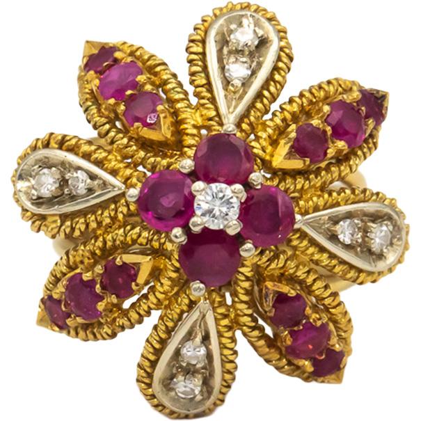 18k Yellow White Gold VS Round Diamond Ruby Floral Cocktail Ring 1.15CT Sz 6.75