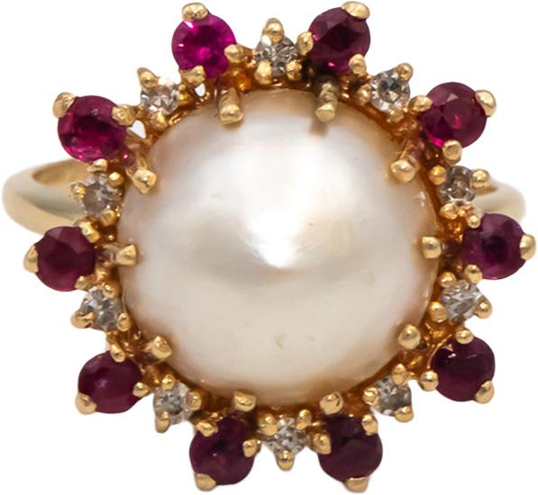 14k Yellow Gold Diamond Ruby & 12mm Mabe Pearl Cocktail Ring 0.40CT Size 7.5
