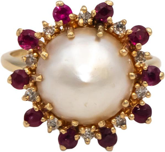 14k Yellow Gold Diamond Ruby & 12mm Mabe Pearl Cocktail Ring 0.40CT Size 7.5