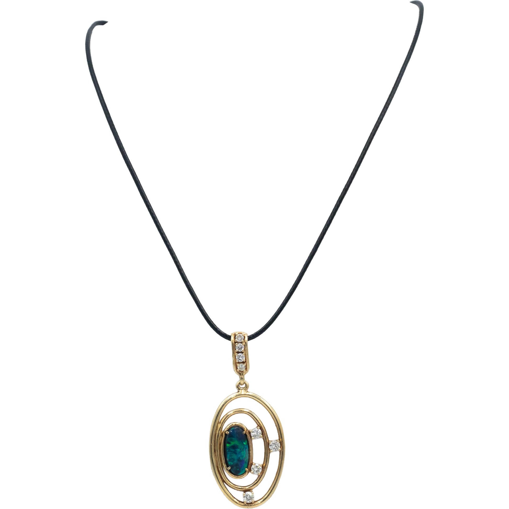 14k Yellow Gold Cabochon Opal & Round Diamond Pendant Necklace 2.25CT