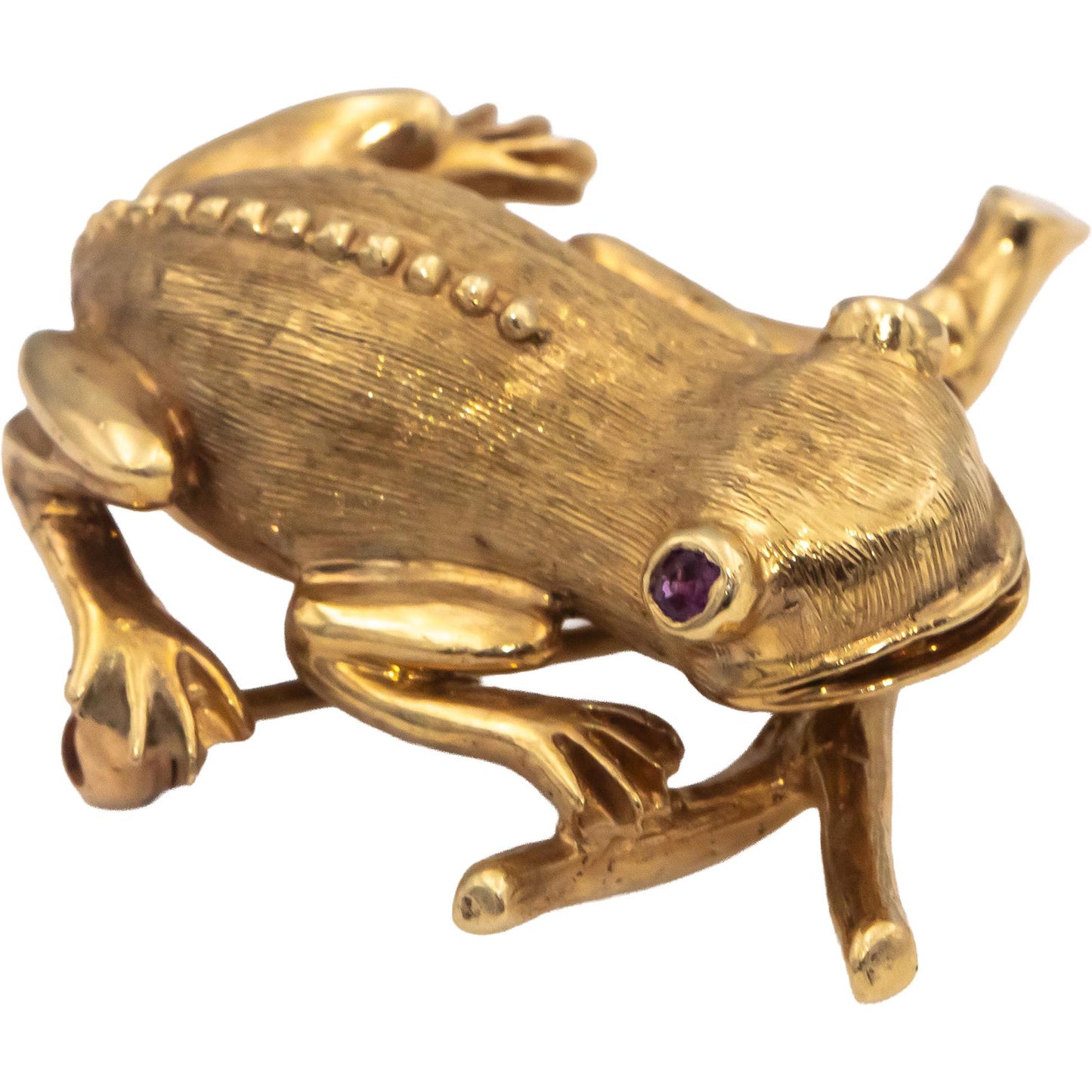 Vintage 14k Yellow Gold Jewelry Tree Frog Brooch w/ Ruby & Sapphire Eye Accents
