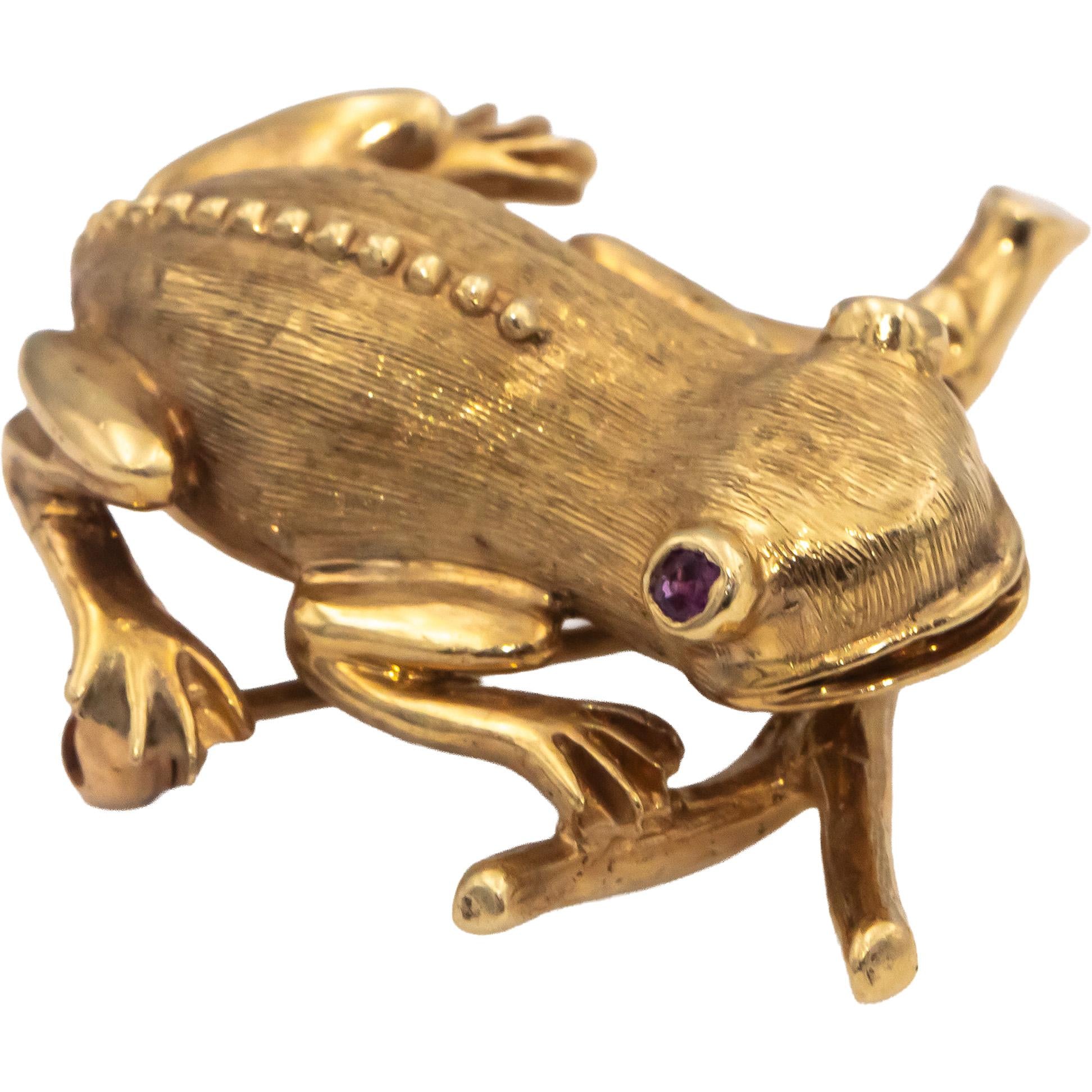 Vintage 14k Yellow Gold Jewelry Tree Frog Brooch w/ Ruby & Sapphire Eye Accents