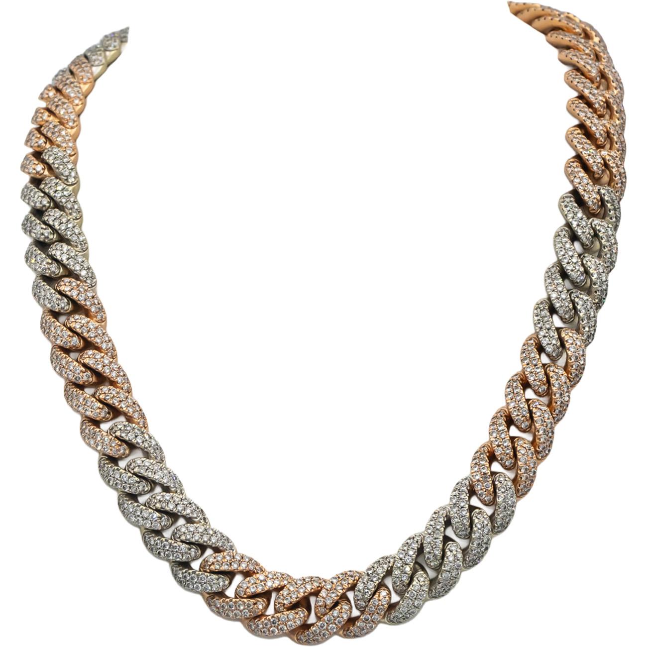 14k Rose & White Gold Round Diamond Iced Out Cuban Link Necklace 22.0CTW