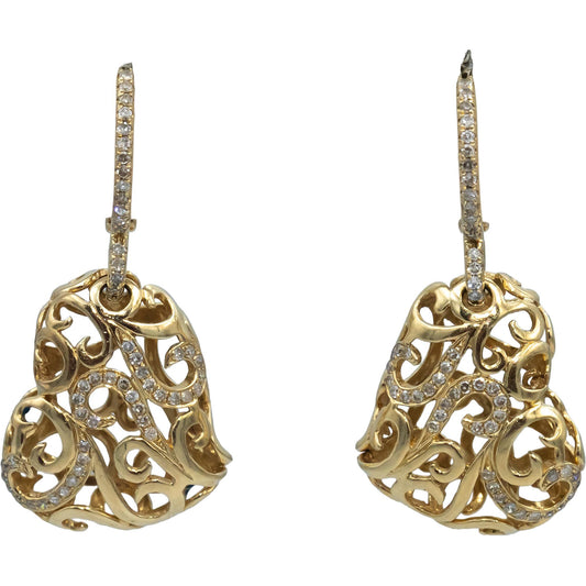 14k Yellow Gold Round Diamond Gallery Heart Drop Dangle Earrings 0.50CT