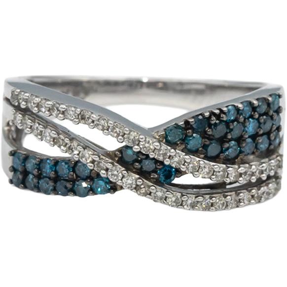 Designer 9k White Gold White & Blue Round Diamond Crossover Ring 1.0CT Size 7