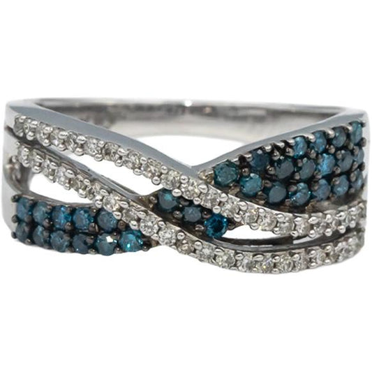 Designer 9k White Gold White & Blue Round Diamond Crossover Ring 1.0CT Size 7