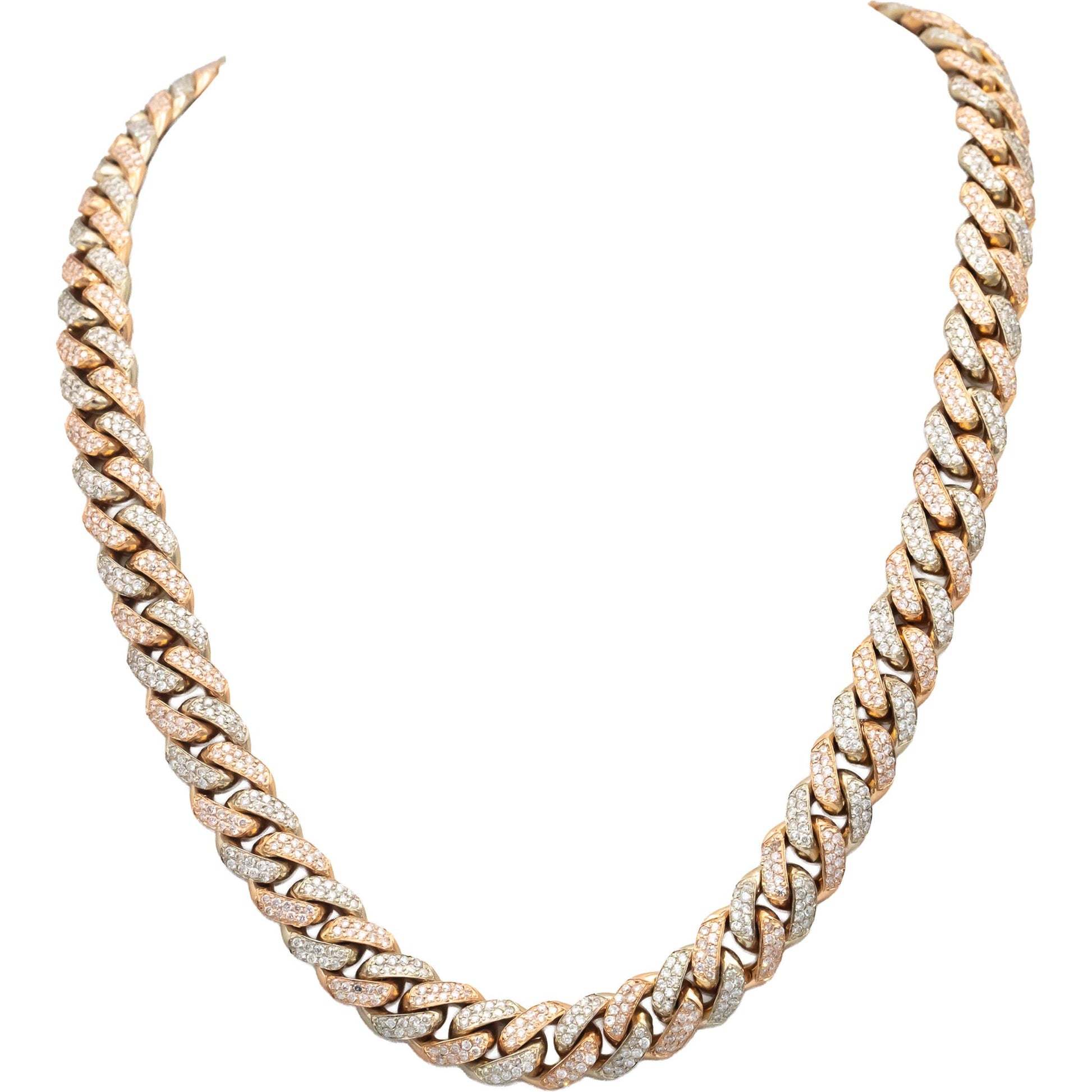 14k White & Rose Gold Round Diamond Iced Out Cuban Link Necklace 13.0CT