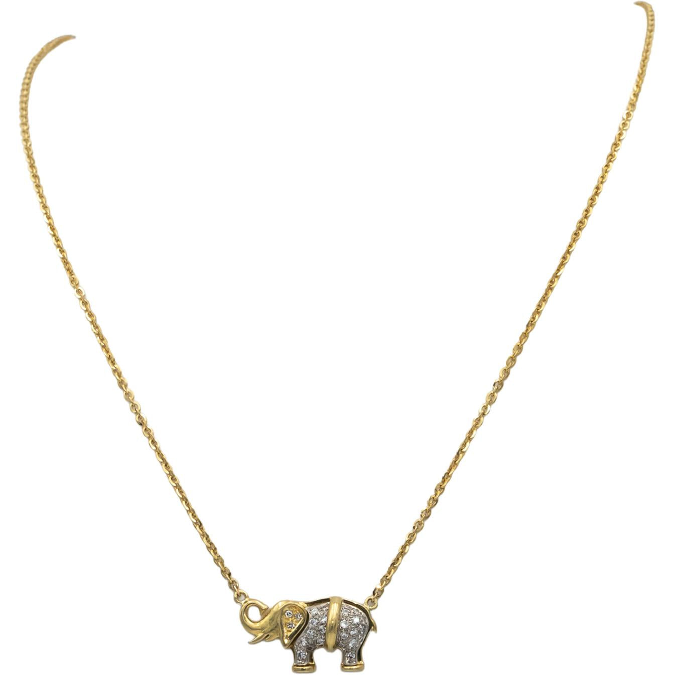18k Yellow & White Gold VS Round Diamond Elephant Fixed Pendant Necklace 0.50CT