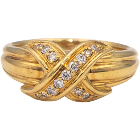 TIFFANY & CO. Vintage 18k Yellow Gold Round Diamond "X" Style Ring .17CT Size 7