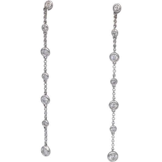 18k White Gold VS Round Bezel Set Diamond Drop Dangle Earrings 0.75CTW