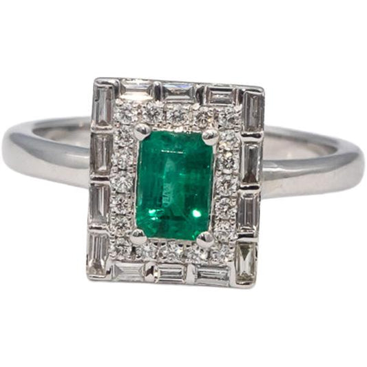 18k White Gold Emerald and Diamond Rectangle Halo Ring 0.70CTW Size 6