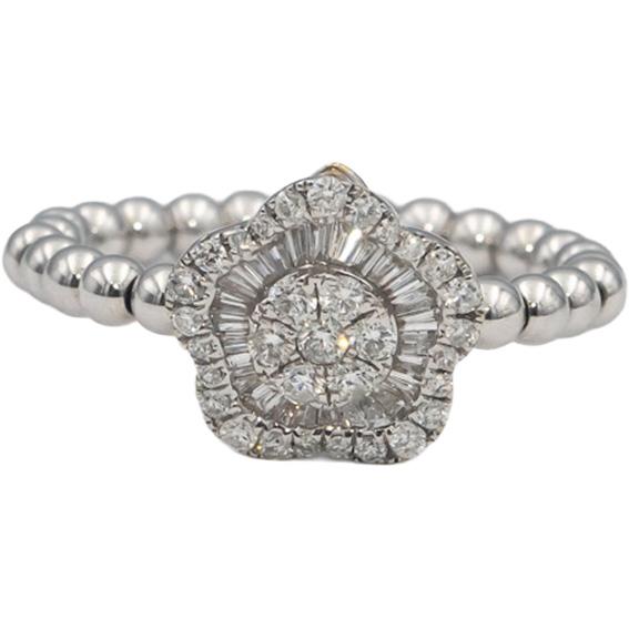 18k White Gold Round & Baguette Cut Diamond Flower Ring Pendant 0.40CT Size 6