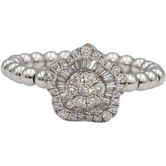 18k White Gold Round & Baguette Cut Diamond Flower Ring Pendant 0.40CT Size 6
