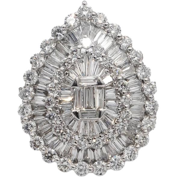 18k White Gold VS Round & Baguette Cut Cluster Cocktail Ring 4.0CTW Size 7.75