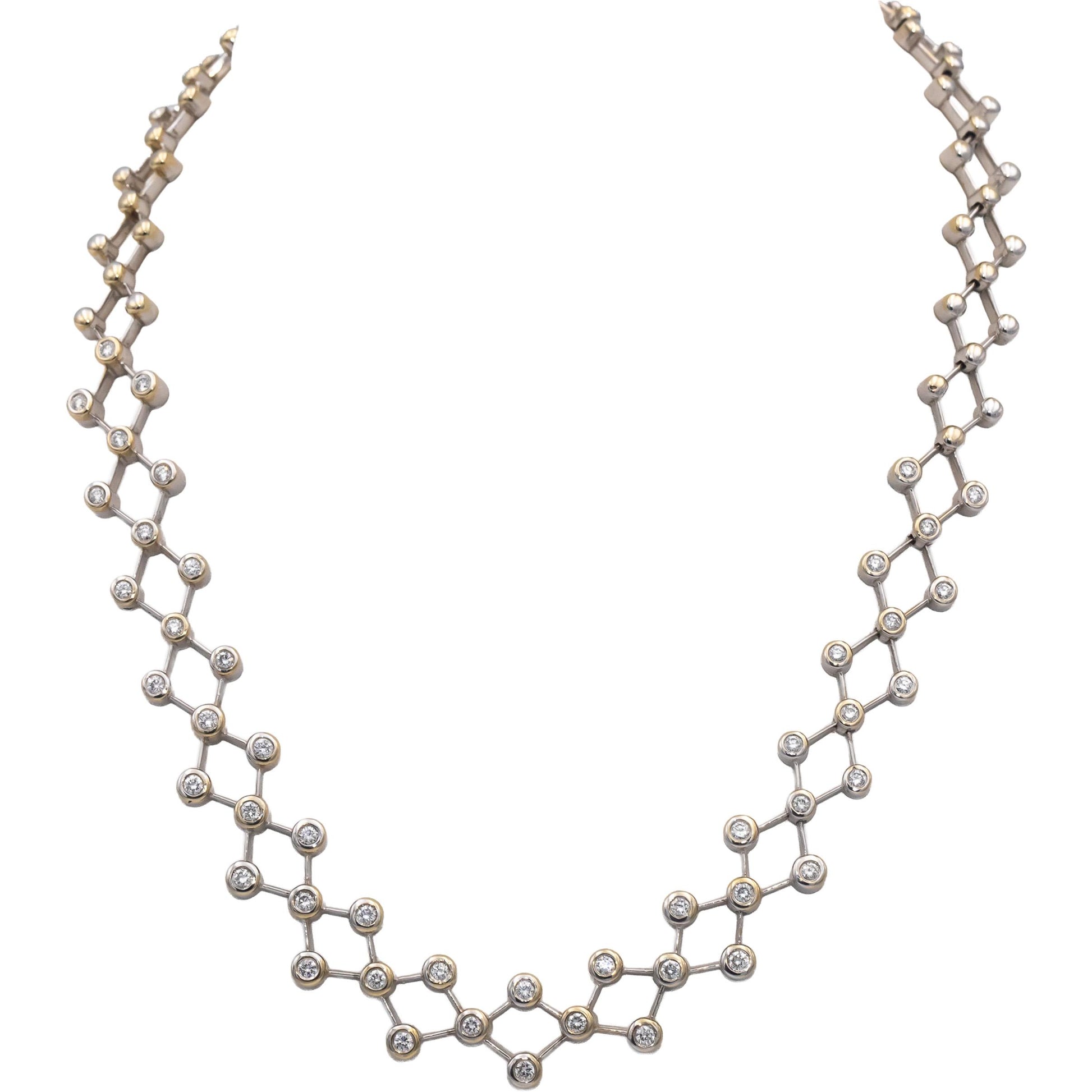 18k White & Yellow Gold Round Bezel Set Diamond Lattice Collar Necklace 2.50CTW