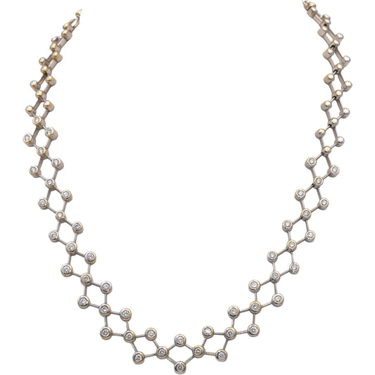 18k White & Yellow Gold Round Bezel Set Diamond Lattice Collar Necklace 2.50CTW