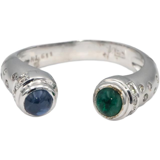 18k White Gold Cabochon Emerald Sapphire Round Diamond Bypass Ring 0.52CT