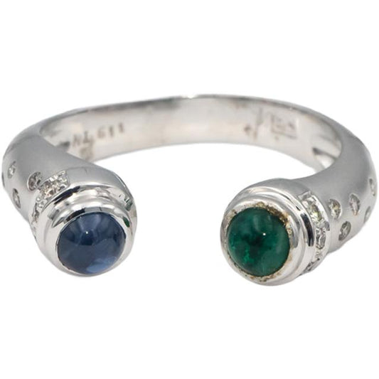 18k White Gold Cabochon Emerald Sapphire Round Diamond Bypass Ring 0.52CT