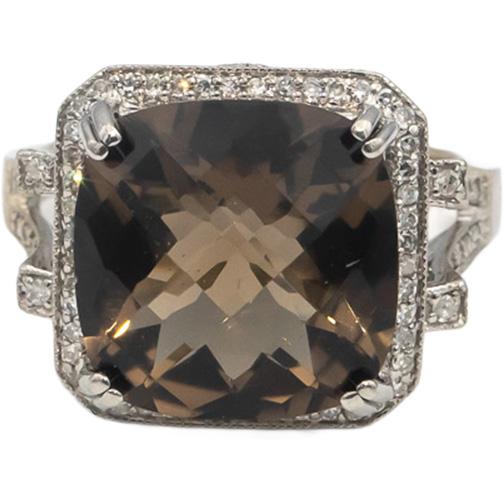 14k White Gold Smoky Quartz & Diamond Cocktail Ring 10.27CT Size 9
