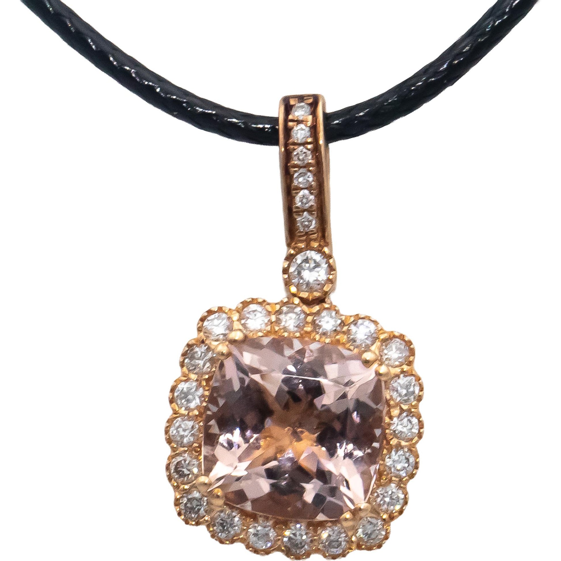 14k Rose Gold Cushion Cut Morganite & Round Diamond Pendant Necklace 2.85CT
