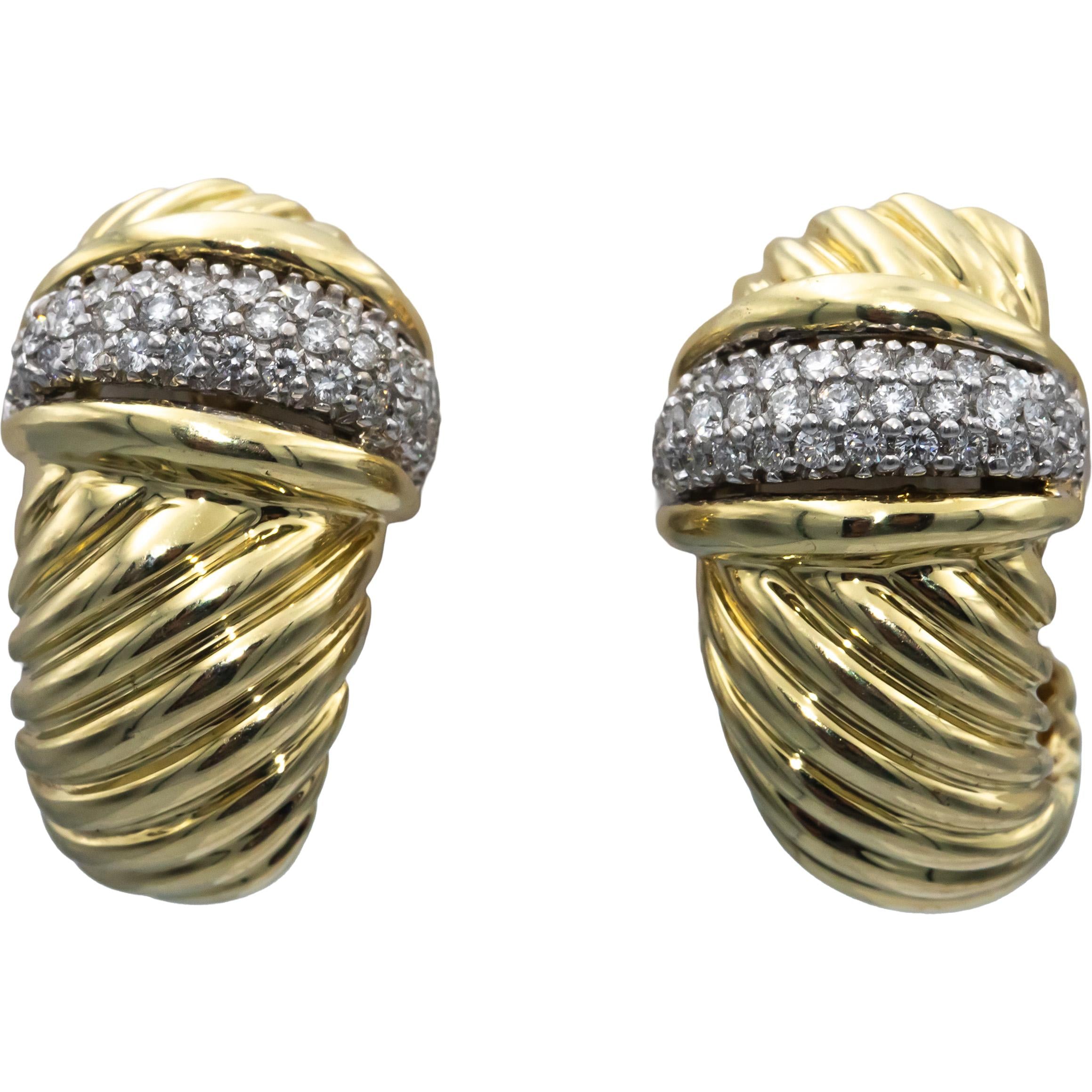 DAVID YURMAN Vintage 14k Yellow Gold 1.0CT Round Diamond Curved Earrings 1.0CTW