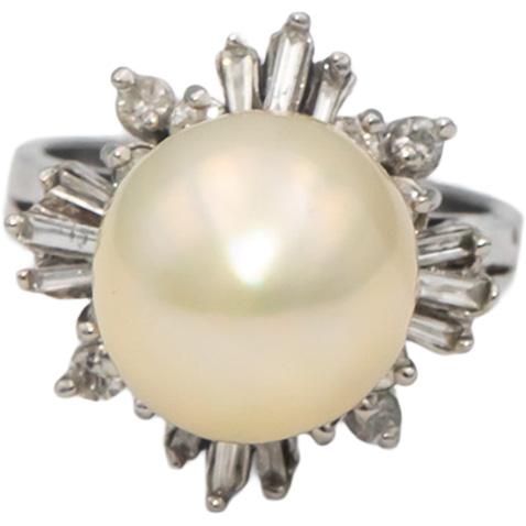 14k White Gold 11.0mm Pearl Round & Baguette Diamond Ring 0.50CT Size 4.75