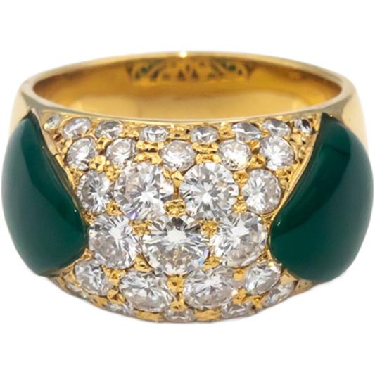 18k Yellow Gold VS Round Diamond Green Chalcedony Cocktail Ring 2.0CT Size 8.25