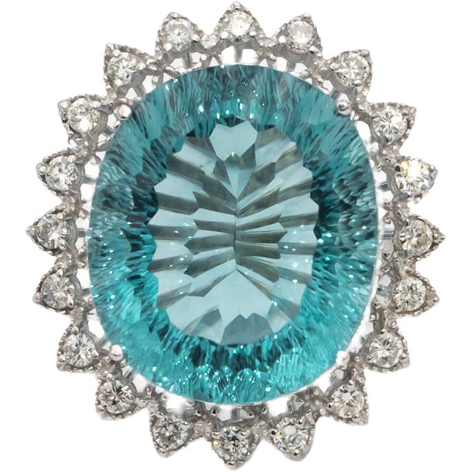 14k White Gold Oval Fantasy Cut Aquamarine & Round Diamond Cocktail Ring 36.0CTW
