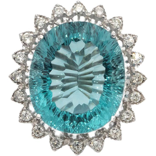 14k White Gold Oval Fantasy Cut Aquamarine & Round Diamond Cocktail Ring 36.0CTW