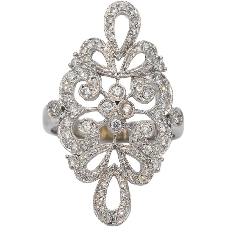 14k White Gold Round Diamond Filigree Cocktail Ring 0.75CT Size 8.25