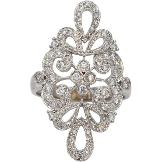 14k White Gold Round Diamond Filigree Cocktail Ring 0.75CT Size 8.25