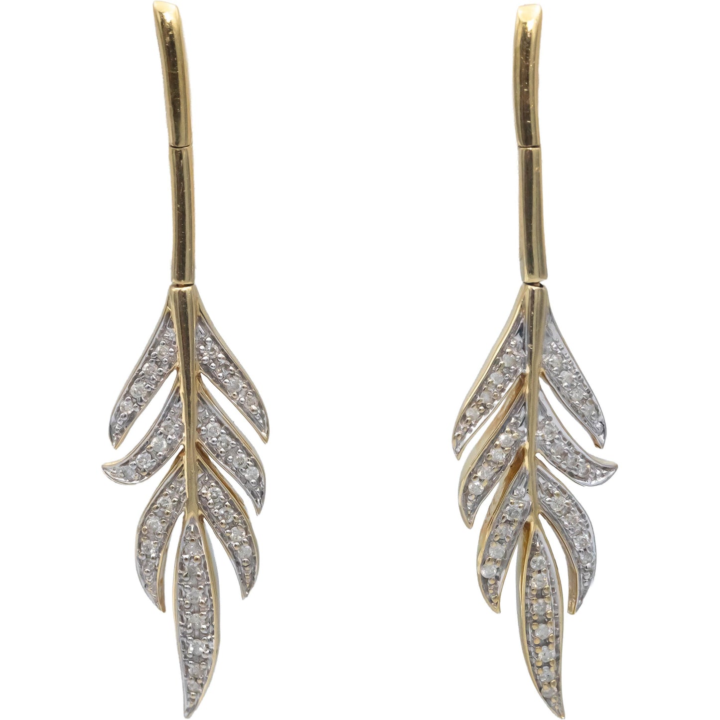 14k Yellow Gold Round Diamond Feather Dangle Earrings 0.31CT
