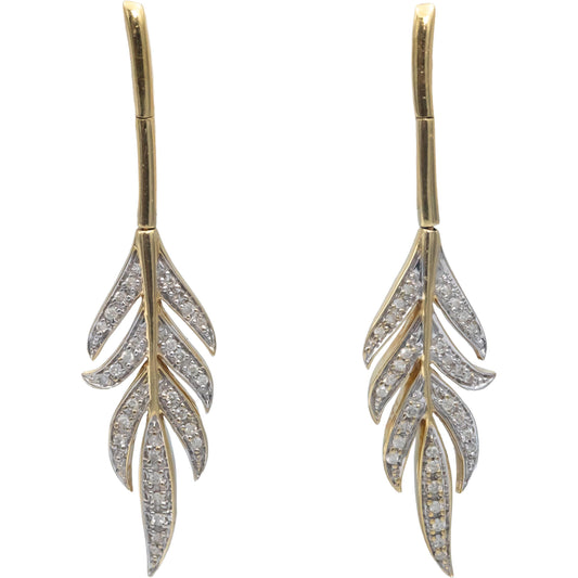 14k Yellow Gold Round Diamond Feather Dangle Earrings 0.31CT