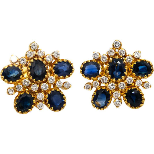 18k Yellow Gold VS Round Diamond & Oval Sapphire Screw Back Stud Earrings 2.85CT