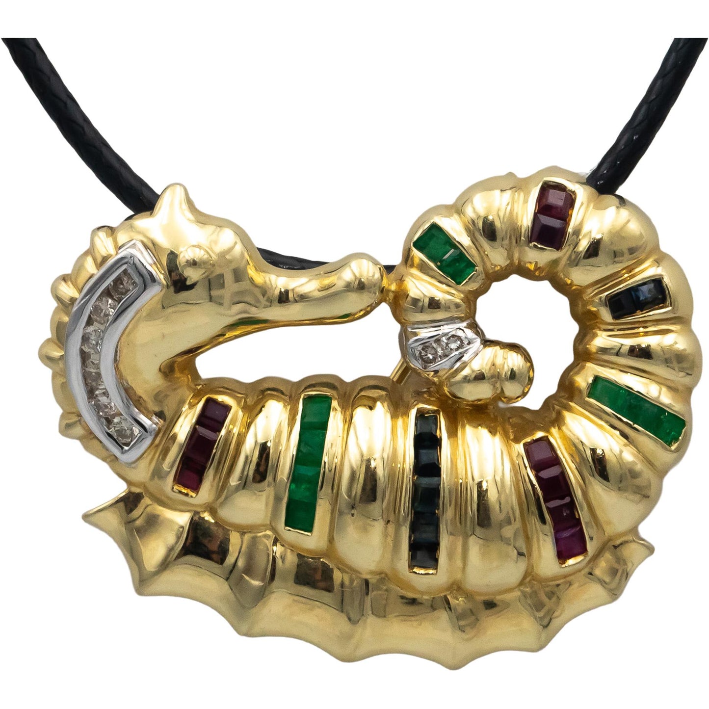 14k Yellow Gold Diamond Ruby Emerald Sapphire Seahorse Pendant Necklace .47CT
