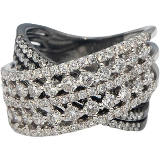18k White Gold Black Rhodium Round Diamond Crossover Ring 2.25CT Size 7.5
