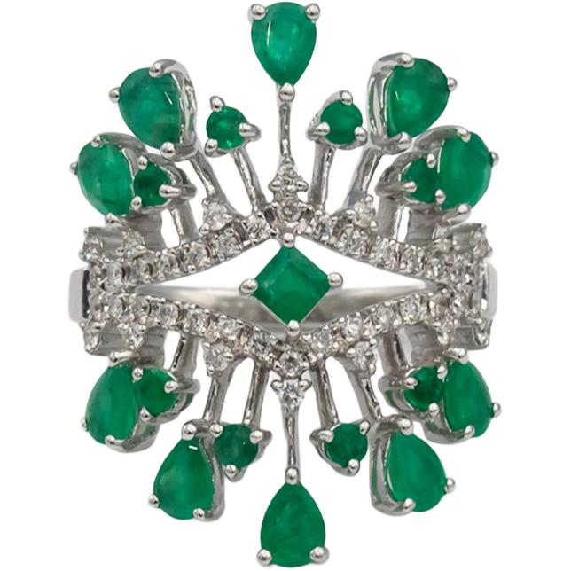 18k White Gold Emerald & Diamond Cocktail Ring 1.45CTW Size 7.25