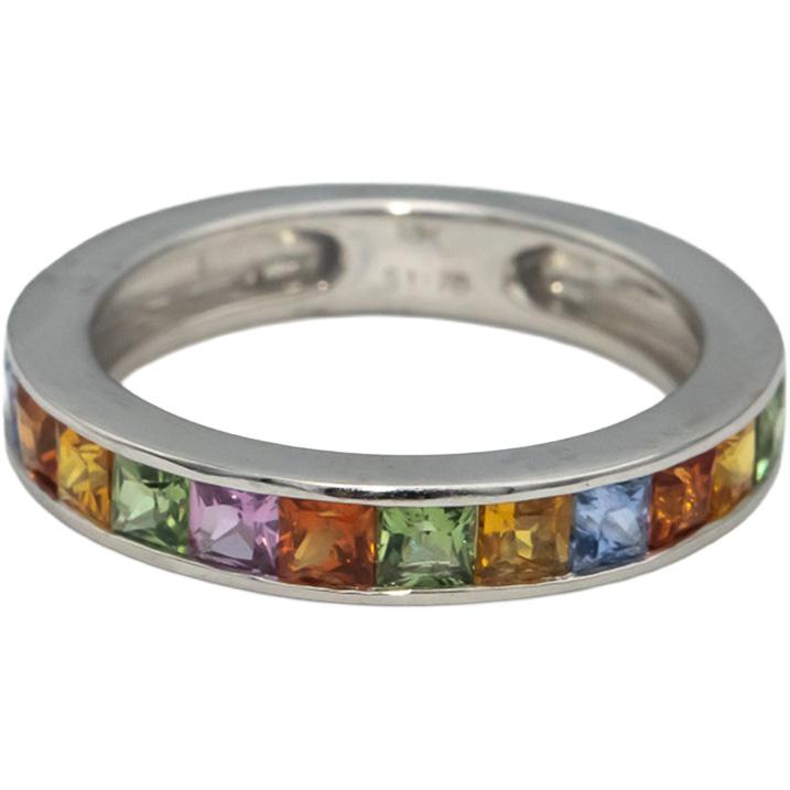 18k White Gold Square Rainbow Sapphire Channel Set Band Ring 1.78CTW Size 7