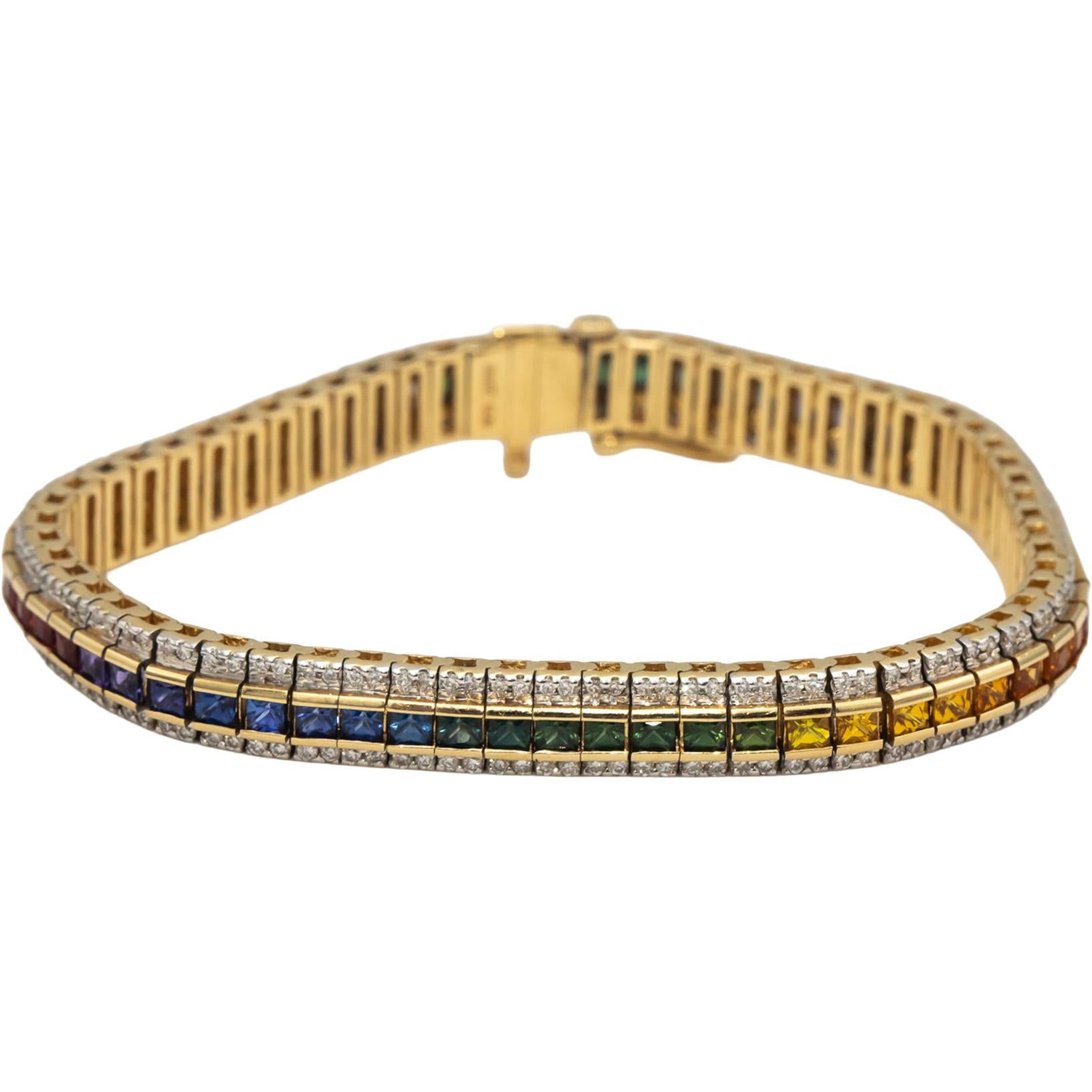 14k Yellow Gold Diamond and Rainbow Sapphire Tennis Bracelet 8.50CTW