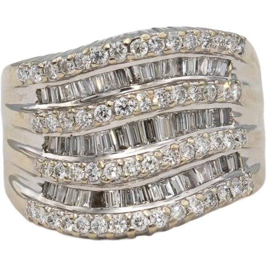 14k White Gold Round and Baguette Diamond Wide Wavy Band Ring 1.50CT Size 8.25