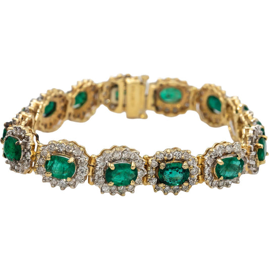 14k Yellow Gold Oval Cut Emerald Round Diamond Fancy Link Bracelet 18.0CTW