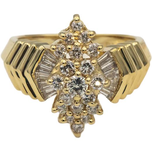14k Yellow Gold VS Round and Baguette Cut Diamond Cocktail Ring 1.0CT Size 7.25