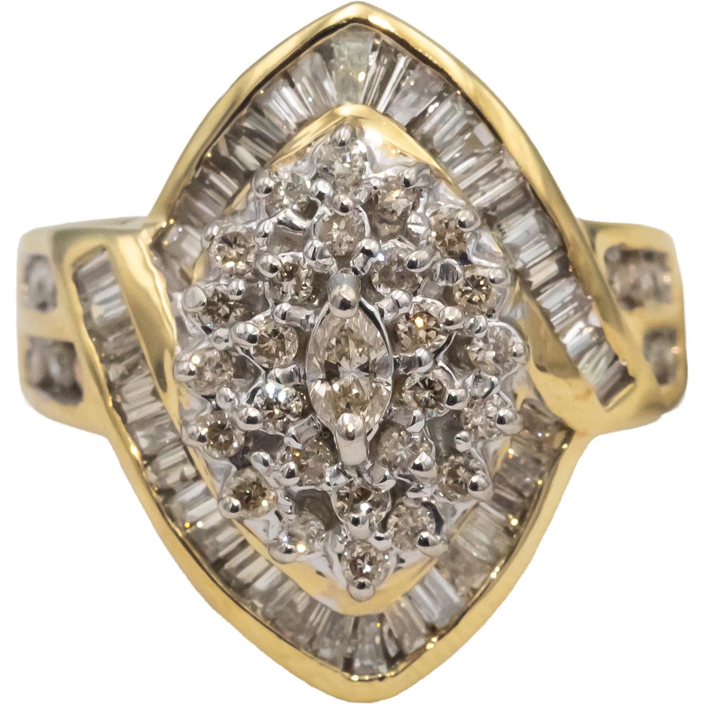 14k Yellow Gold Round and Baguette Diamond Cluster Cocktail Ring 1.0CT Size 7