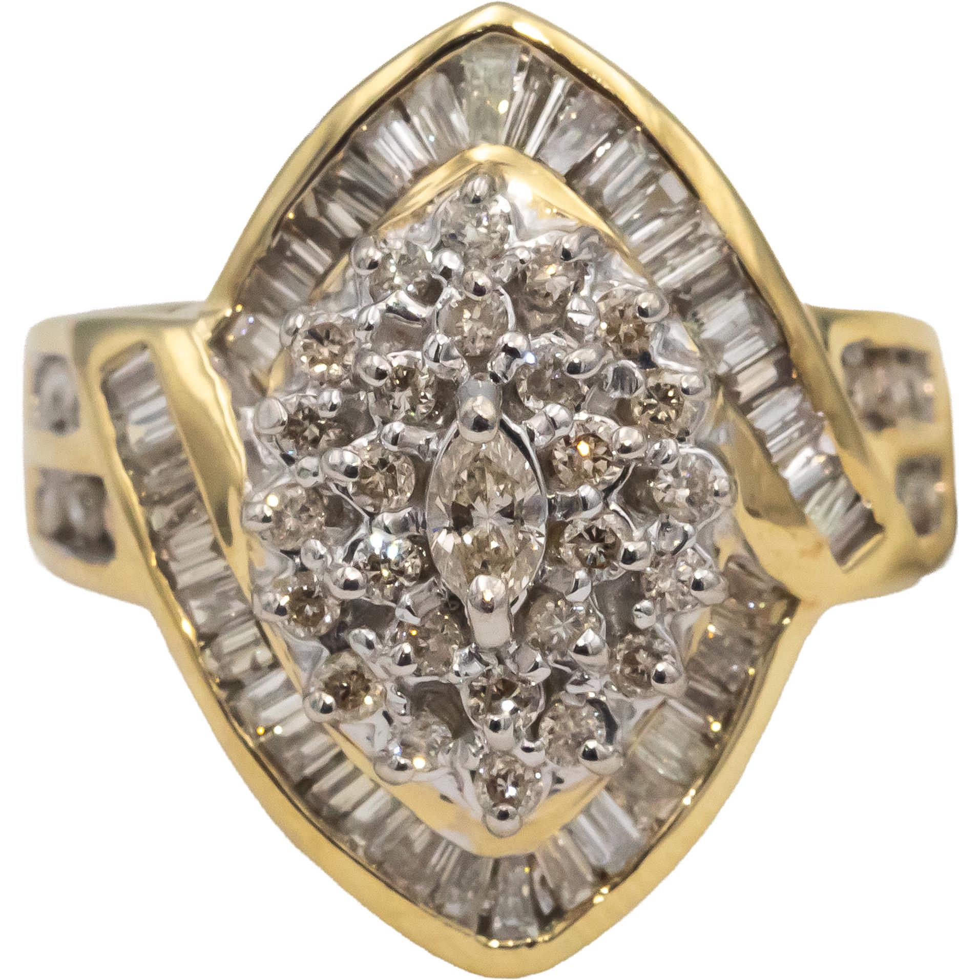 14k Yellow Gold Round and Baguette Diamond Cluster Cocktail Ring 1.0CT Size 7