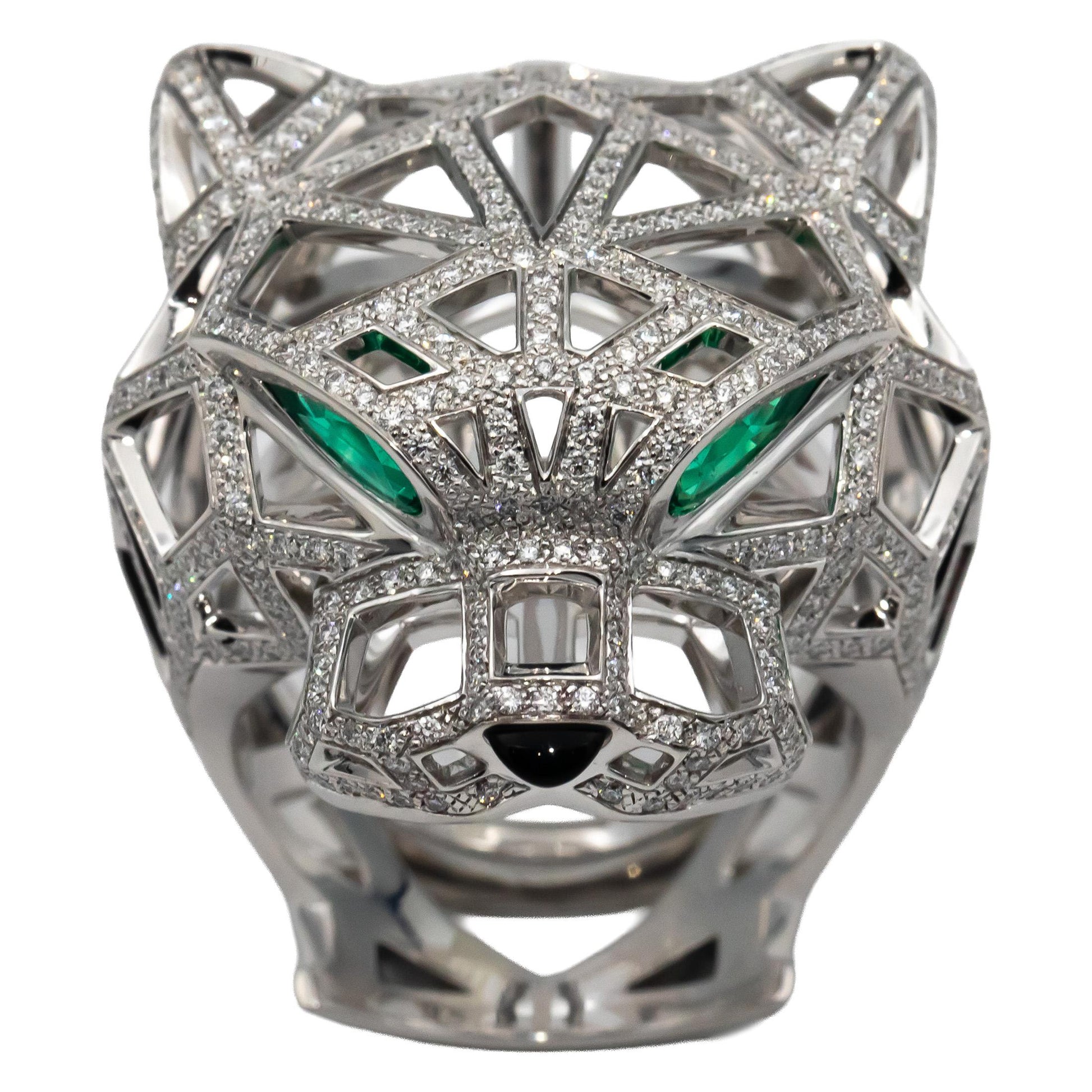 CARTIER 18k White Gold Panthere De Cartier Diamond Gemstone Ring $90,500 Retail